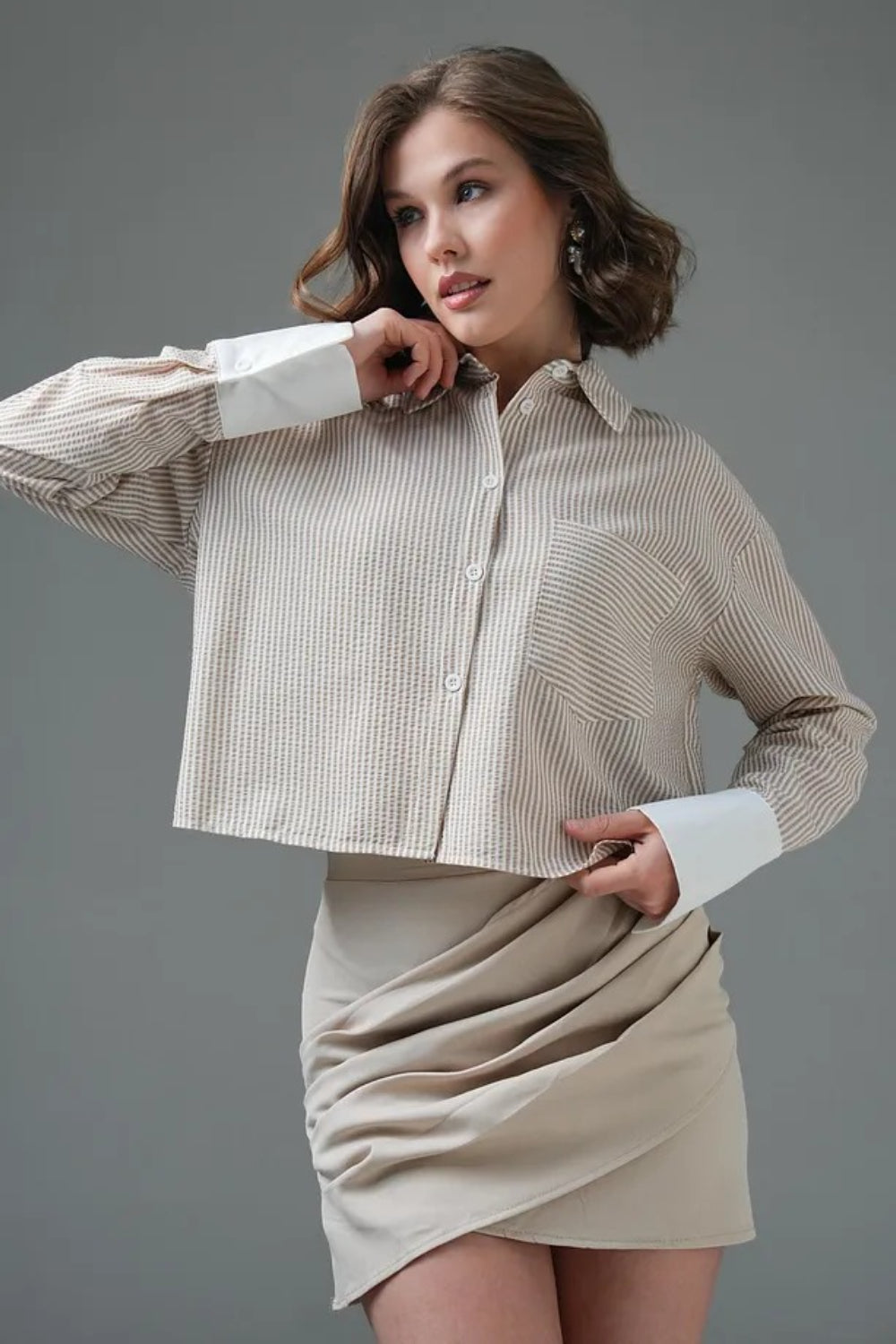 Beige Striped Crop Shirt