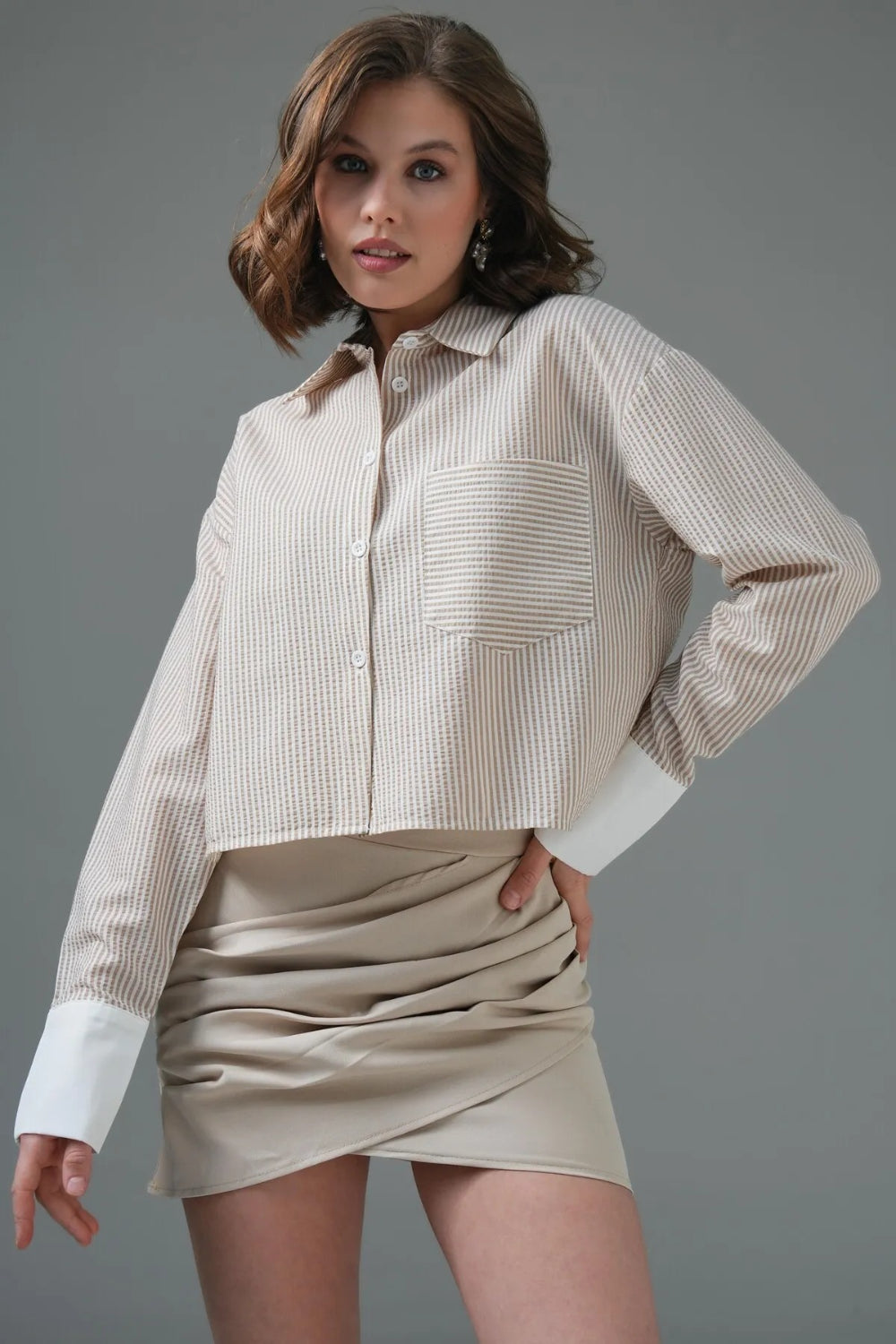 Beige Striped Crop Shirt