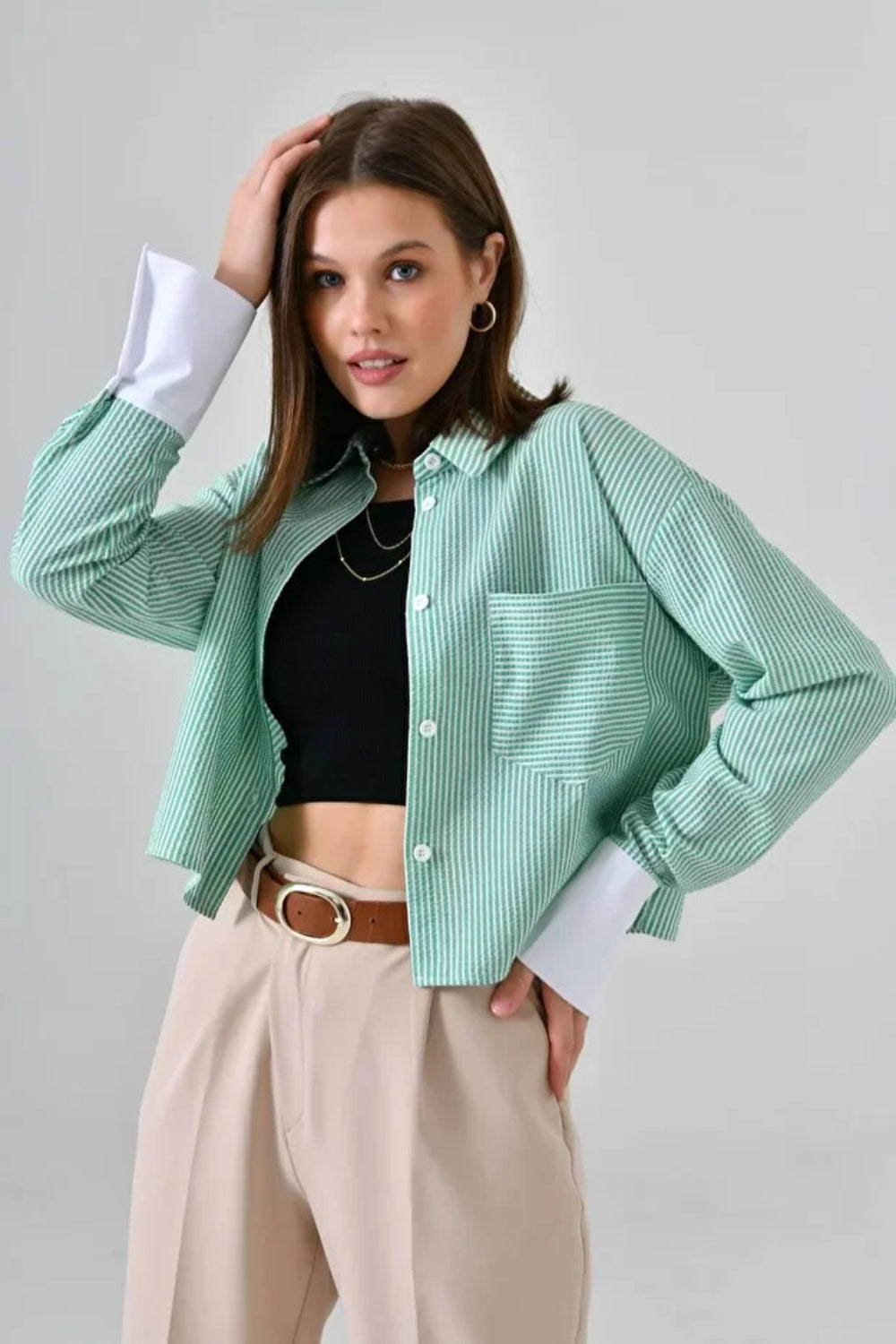 Green Striped Crop Shirt