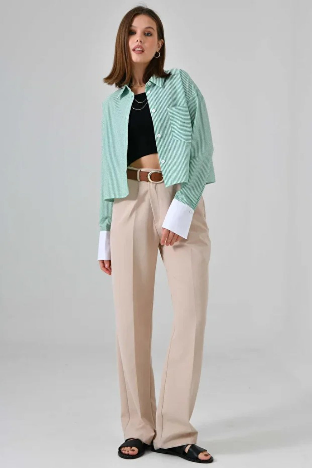 Green Striped Crop Shirt