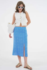Plain Blue Midi Woven Skirt with Slit Detail