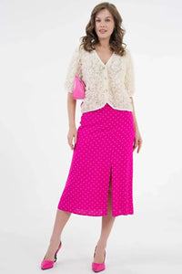Plain Fuchsia Midi Woven Skirt with Slit Detail