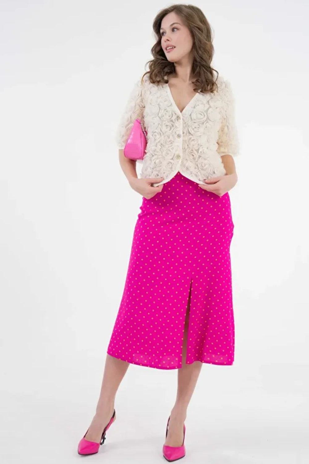 Plain Fuchsia Midi Woven Skirt with Slit Detail