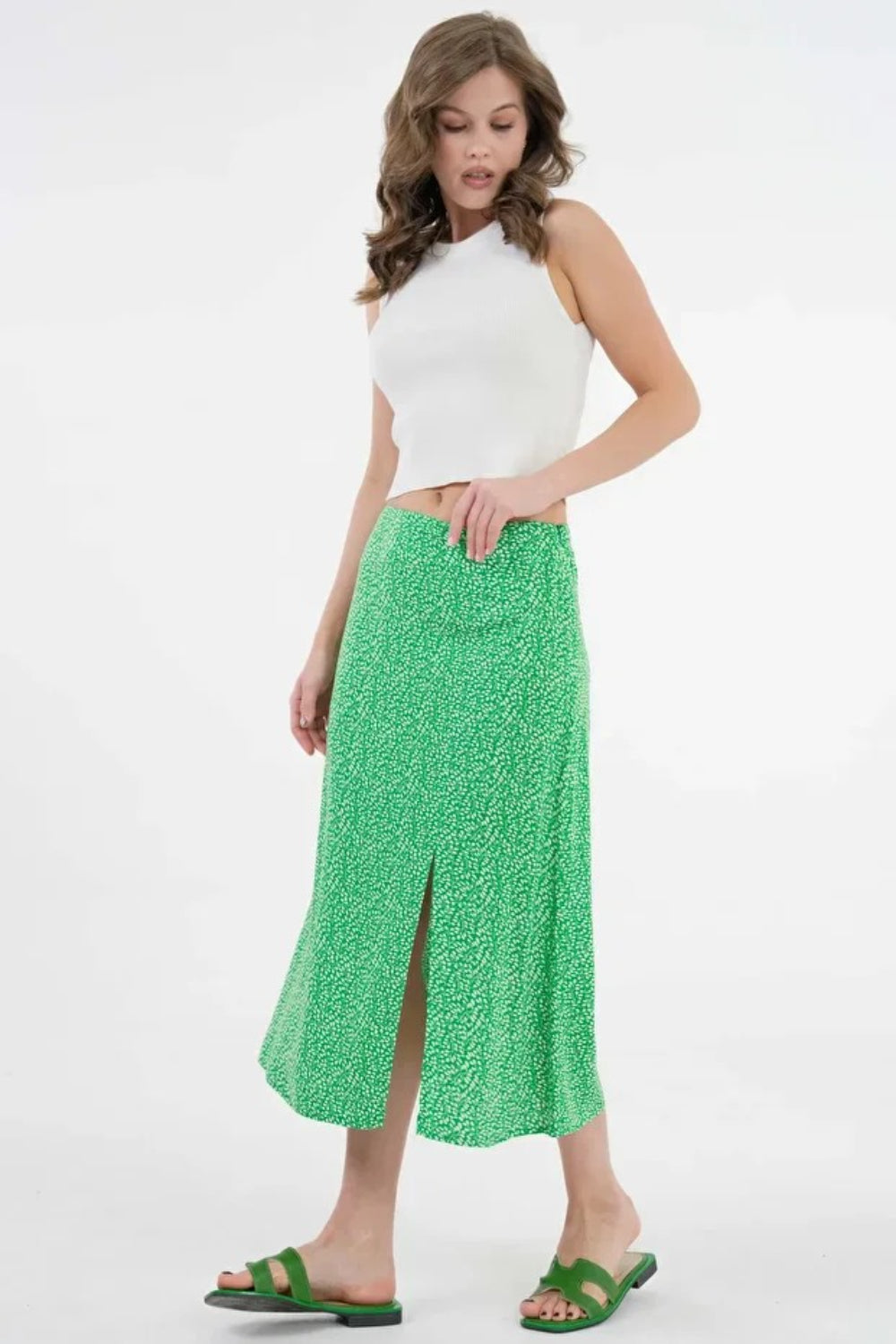 Plain Green Midi Woven Skirt with Slit Detail