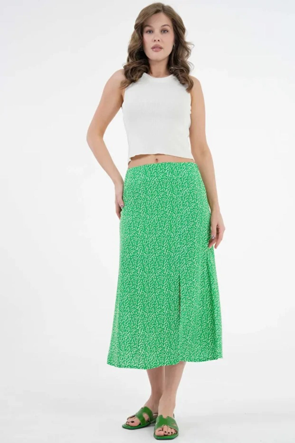 Plain Green Midi Woven Skirt with Slit Detail