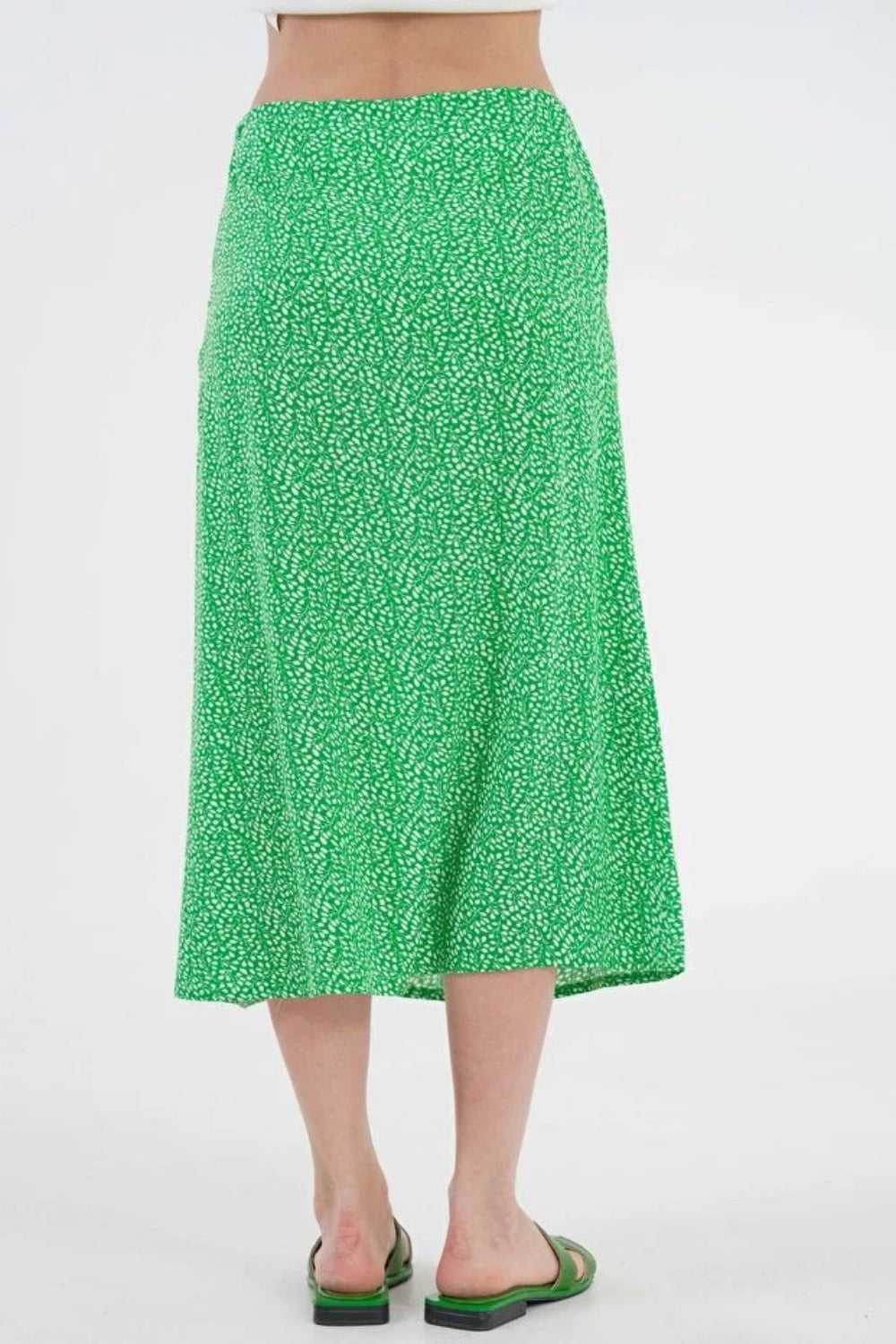 Plain Green Midi Woven Skirt with Slit Detail