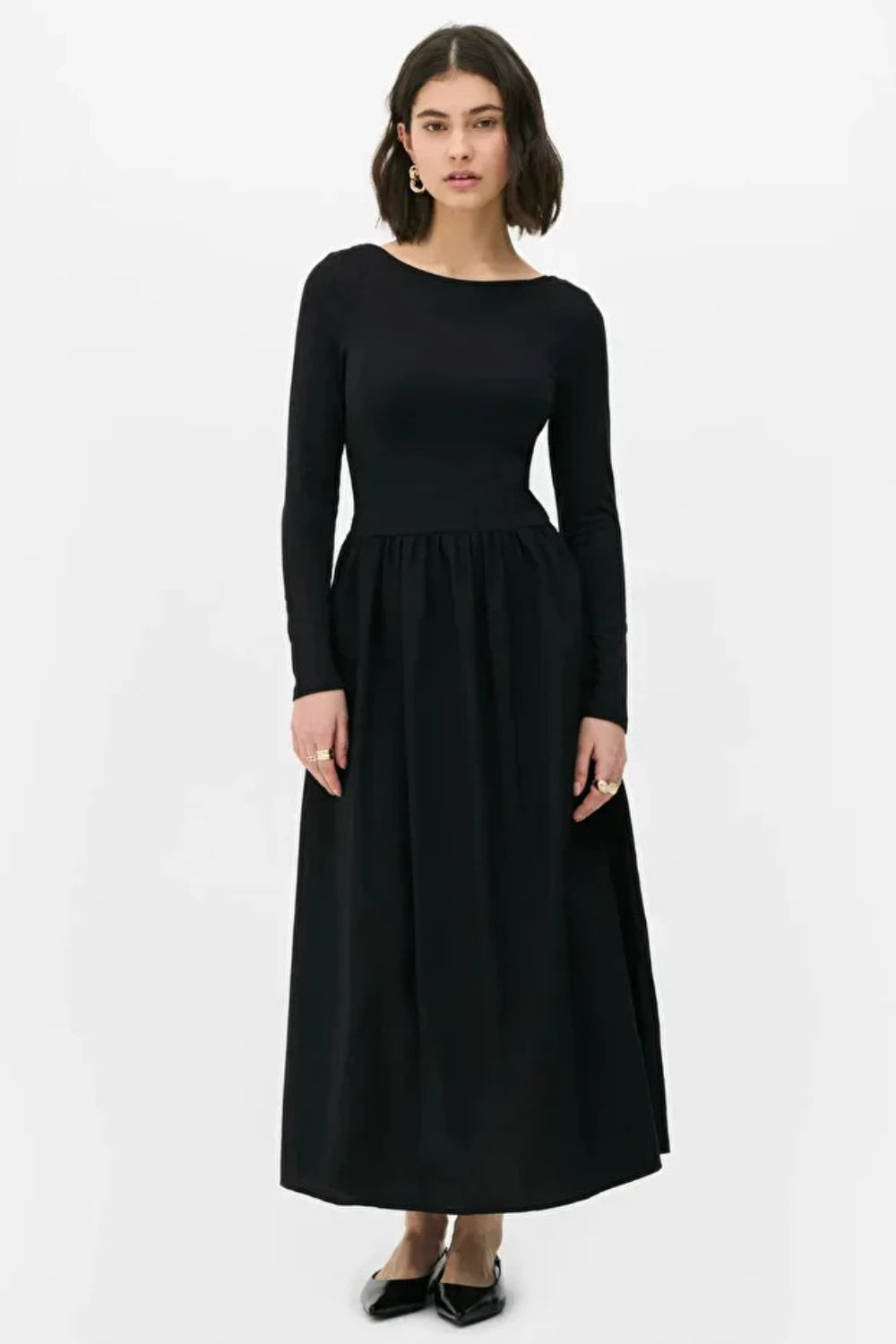 Elegant Black Maxi Dress with Woven Poplin Flared Skirt and Stretch Viscose-Elastane Top