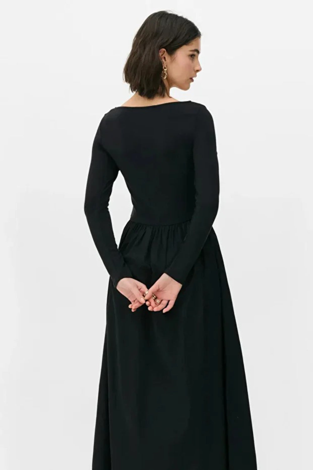 Elegant Black Maxi Dress with Woven Poplin Flared Skirt and Stretch Viscose-Elastane Top