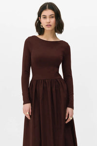 Elegant Brown Maxi Dress with Woven Poplin Flared Skirt and Stretch Viscose-Elastane Top