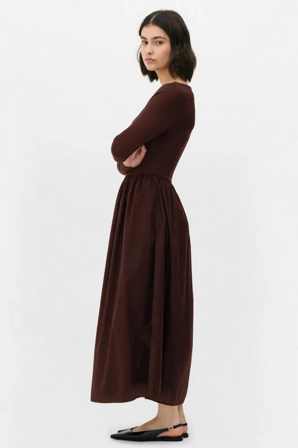 Elegant Brown Maxi Dress with Woven Poplin Flared Skirt and Stretch Viscose-Elastane Top