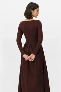 Elegant Brown Maxi Dress with Woven Poplin Flared Skirt and Stretch Viscose-Elastane Top