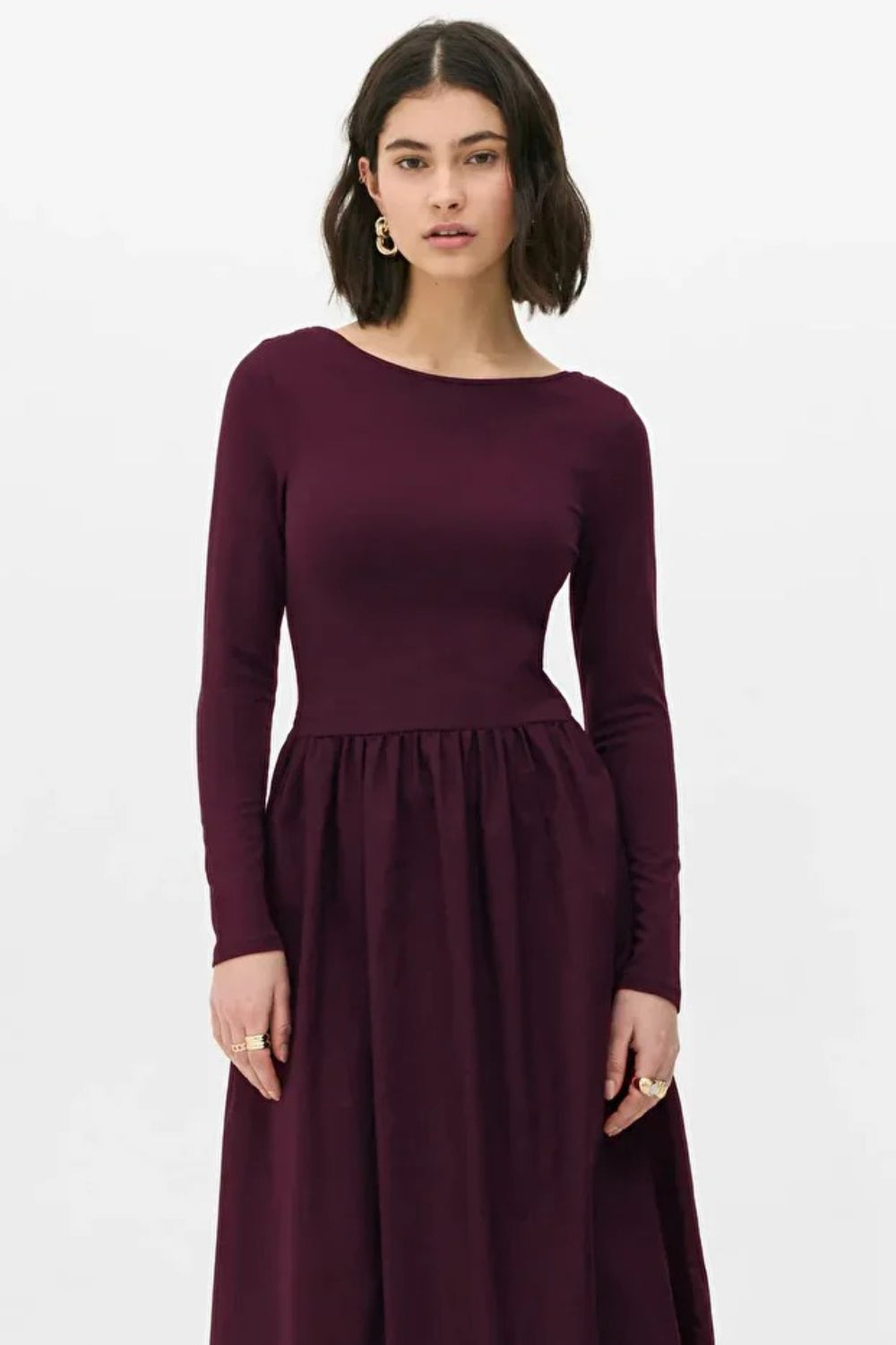 Elegant Burgundy Maxi Dress with Woven Poplin Flared Skirt and Stretch Viscose-Elastane Top