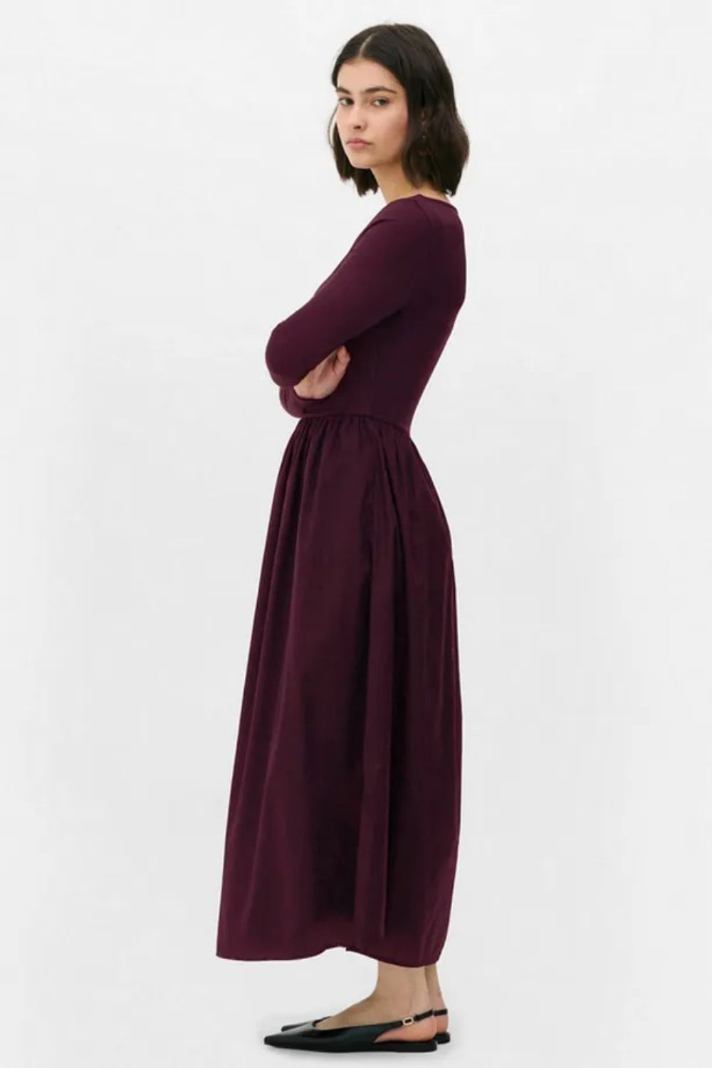 Elegant Burgundy Maxi Dress with Woven Poplin Flared Skirt and Stretch Viscose-Elastane Top