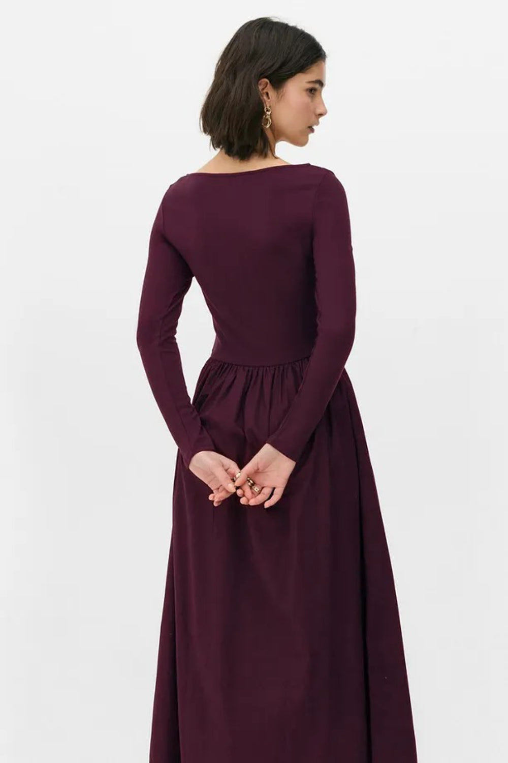Elegant Burgundy Maxi Dress with Woven Poplin Flared Skirt and Stretch Viscose-Elastane Top