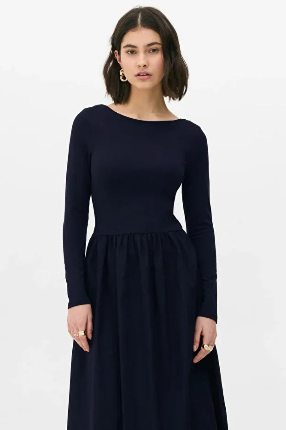 Elegant Navy Maxi Dress with Woven Poplin Flared Skirt and Stretch Viscose-Elastane Top