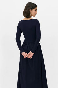 Elegant Navy Maxi Dress with Woven Poplin Flared Skirt and Stretch Viscose-Elastane Top