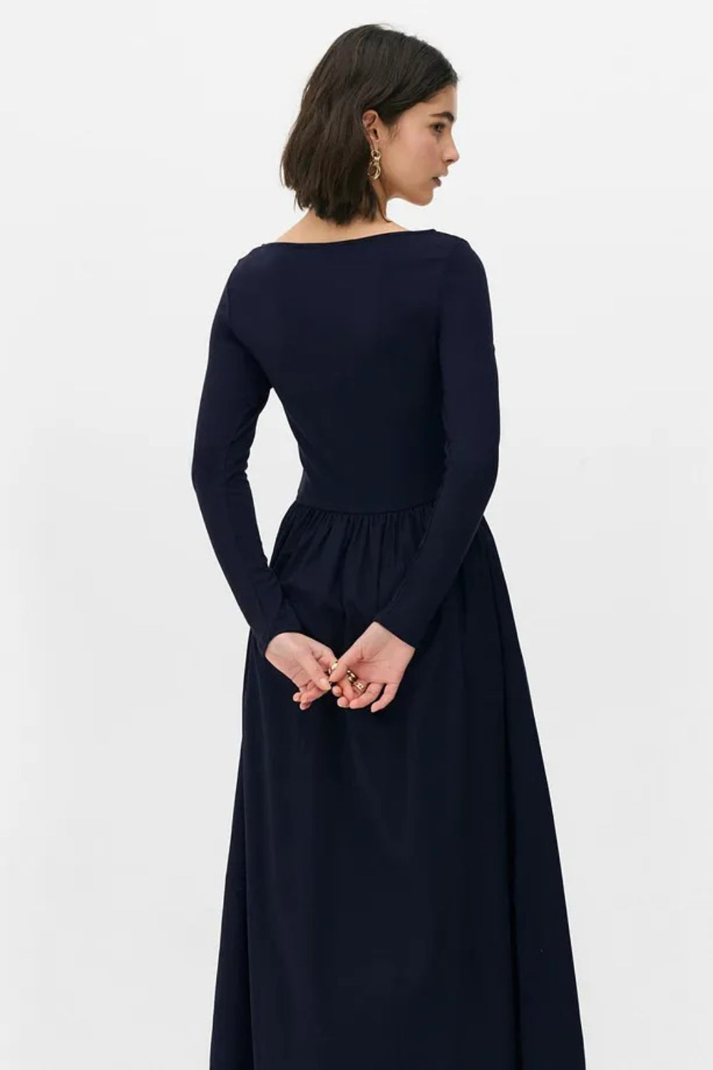Elegant Navy Maxi Dress with Woven Poplin Flared Skirt and Stretch Viscose-Elastane Top
