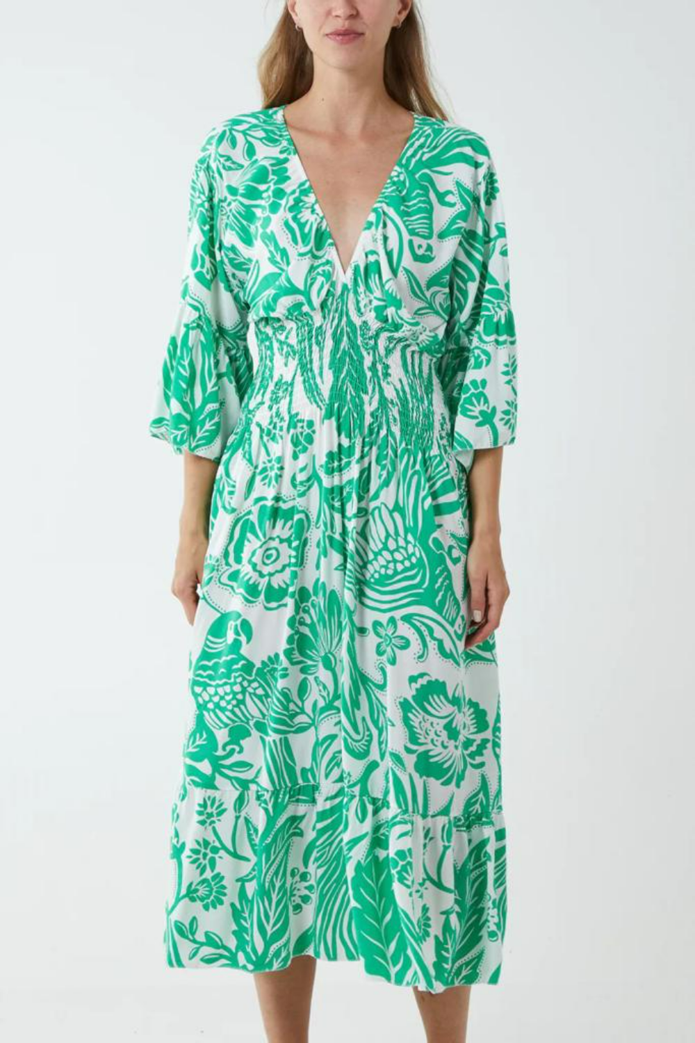 Oversized V Neck Detailed Floral Print Midi Dress in Green and White
