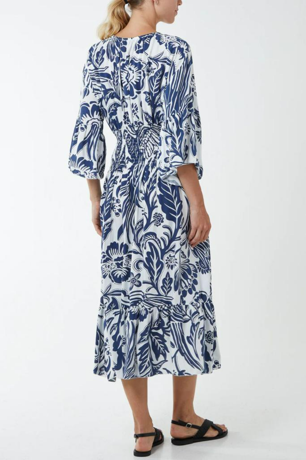 Oversized V Neck Detailed Floral Print Midi Dress in Navy and White