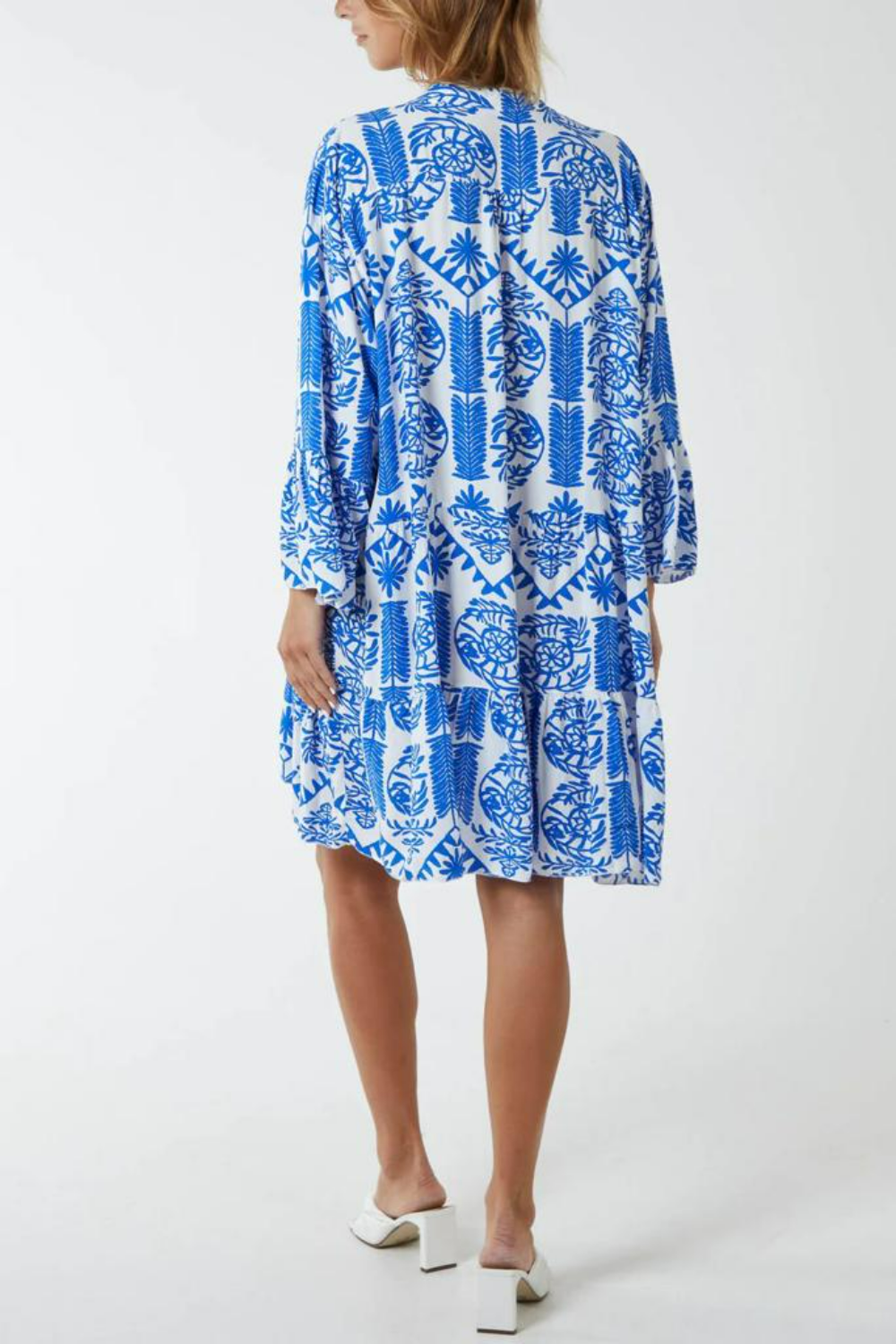 Oversized Long Sleeves Printed Smock Dress in Blue