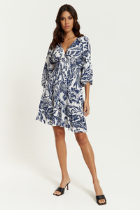 Oversized V Neck Detailed Floral Print Mini Dress in Navy and White