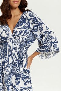 Oversized V Neck Detailed Floral Print Mini Dress in Navy and White