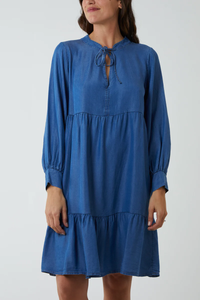 Oversized Tie Detailed Knee Lenght Cotton Denim Smock Dress with Long Sleeves