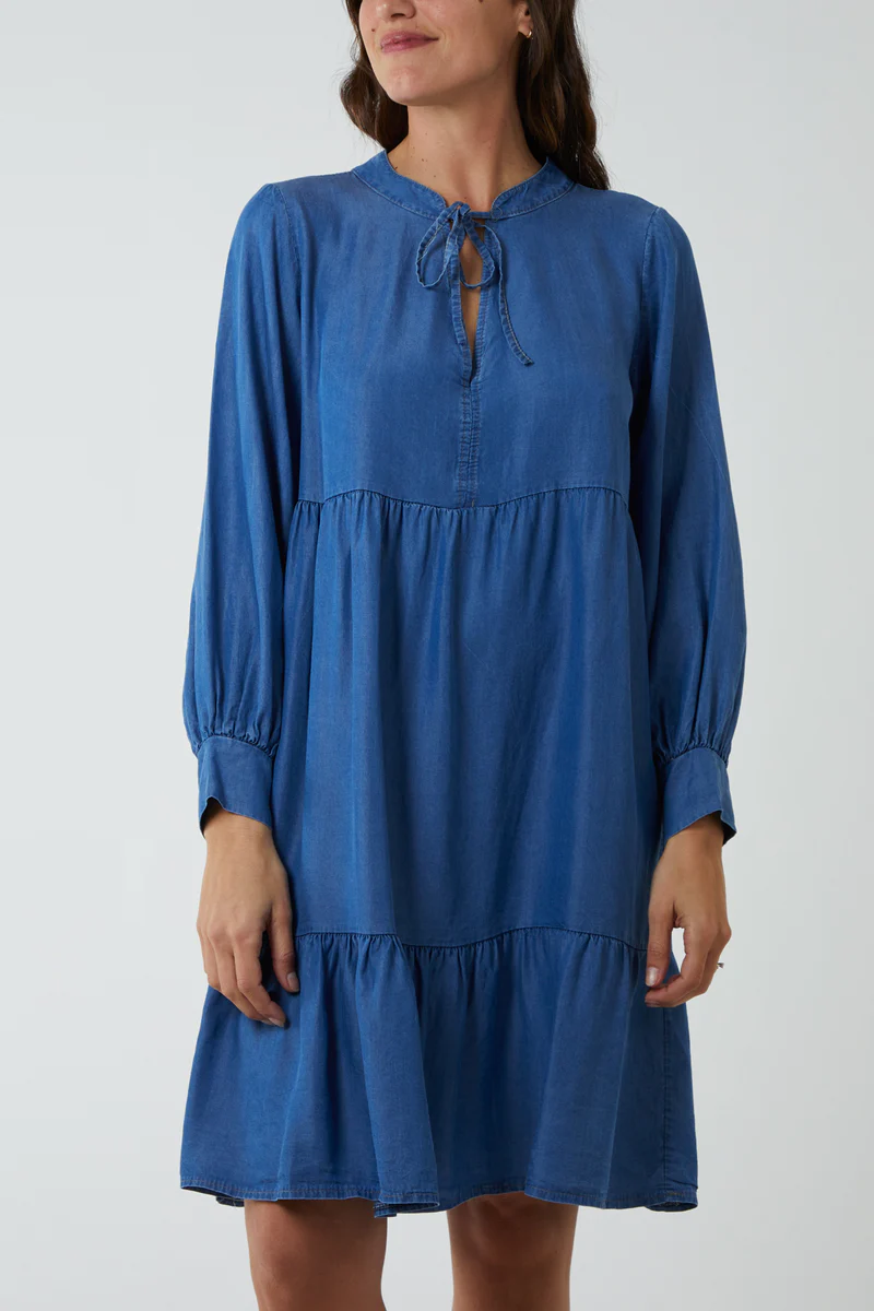 Oversized Tie Detailed Knee Lenght Cotton Denim Smock Dress with Long Sleeves