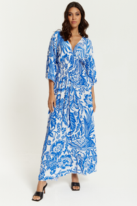 Oversized V Neck Detailed Floral Print Maxi Dress in Blue and White