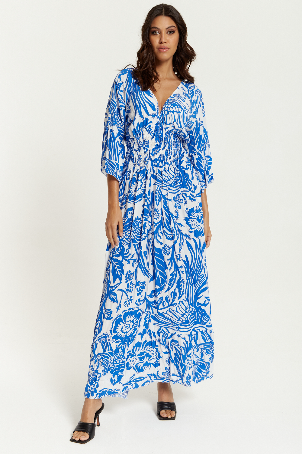 Oversized V Neck Detailed Floral Print Maxi Dress in Blue and White