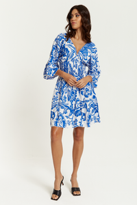 Oversized V Neck Detailed Floral Print Mini Dress in Blue and White