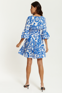 Oversized V Neck Detailed Floral Print Mini Dress in Blue and White