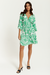 Oversized V Neck Detailed Floral Print Mini Dress in Green and White