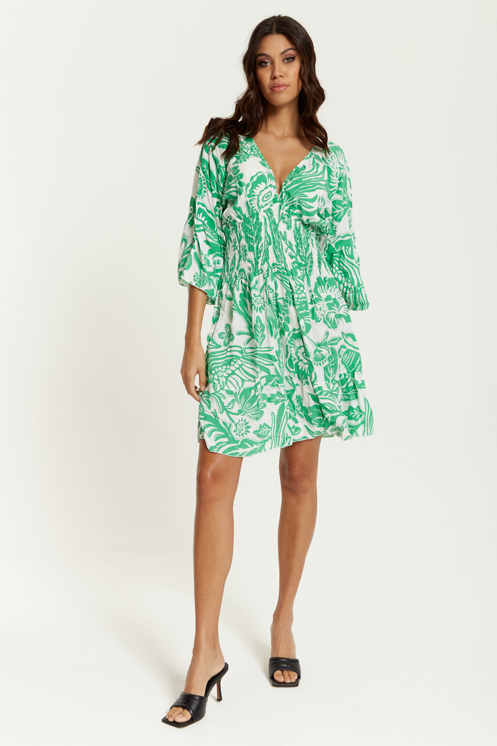 Oversized V Neck Detailed Floral Print Mini Dress in Green and White