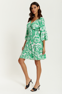 Oversized V Neck Detailed Floral Print Mini Dress in Green and White