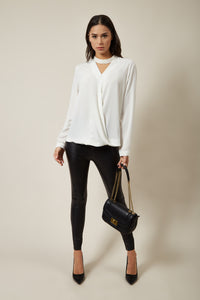 Long Sleeves Oversized Top with Pearl Detail Collar In White