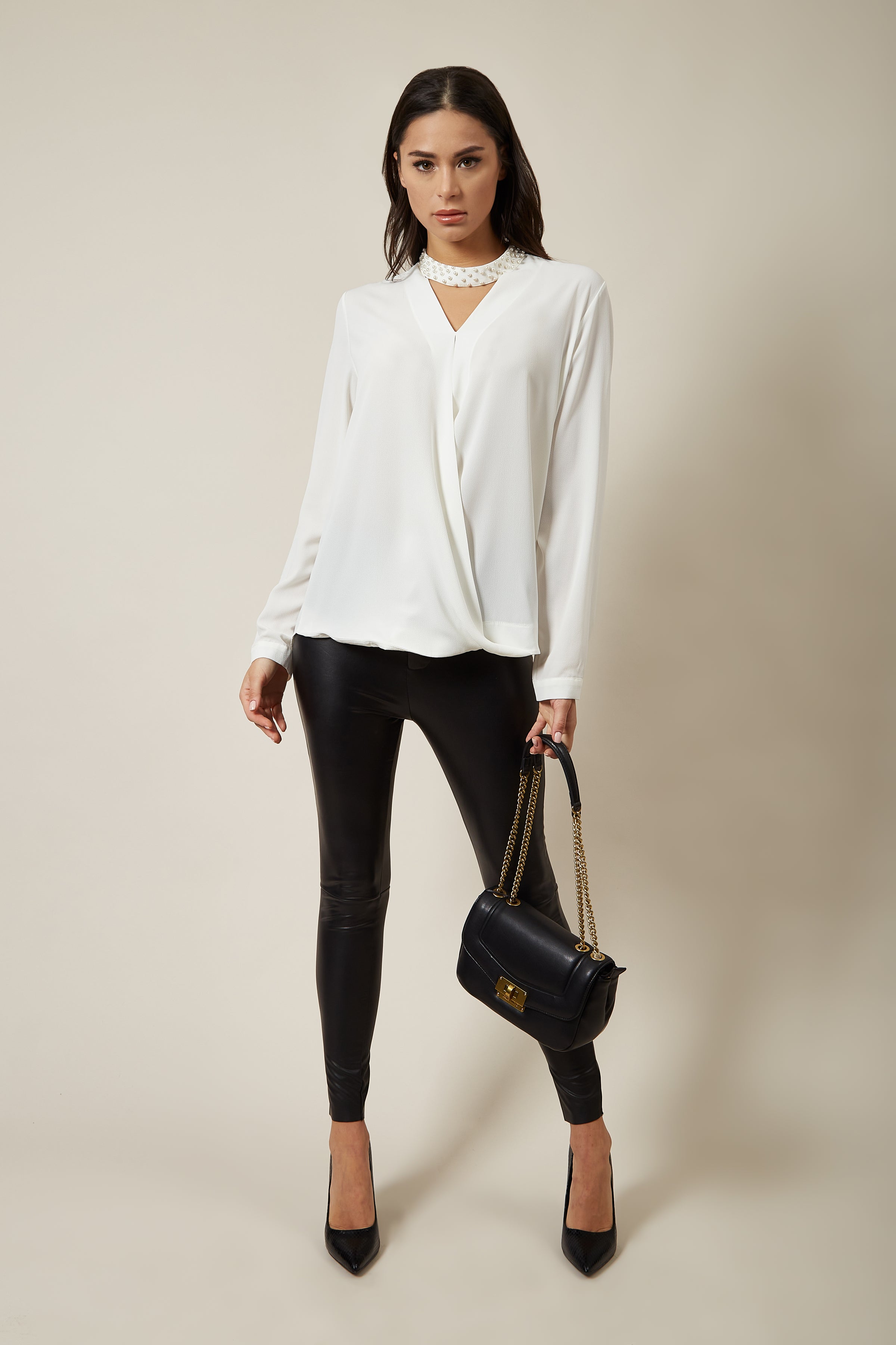 Long Sleeves Oversized Top with Pearl Detail Collar In White