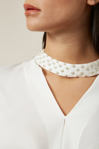 Long Sleeves Oversized Top with Pearl Detail Collar In White