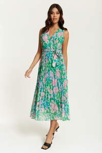 Wrap Front Multi Coloured Pink and Blue Leopard Print Maxi Dress with Pleat Details in Green