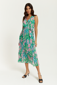 Wrap Front Multi Coloured Pink and Blue Leopard Print Maxi Dress with Pleat Details in Green