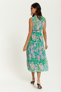 Wrap Front Multi Coloured Pink and Blue Leopard Print Maxi Dress with Pleat Details in Green
