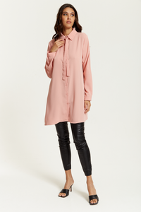 Oversized Tie Detailed Shirt Tunic with Long Sleeves in Pink