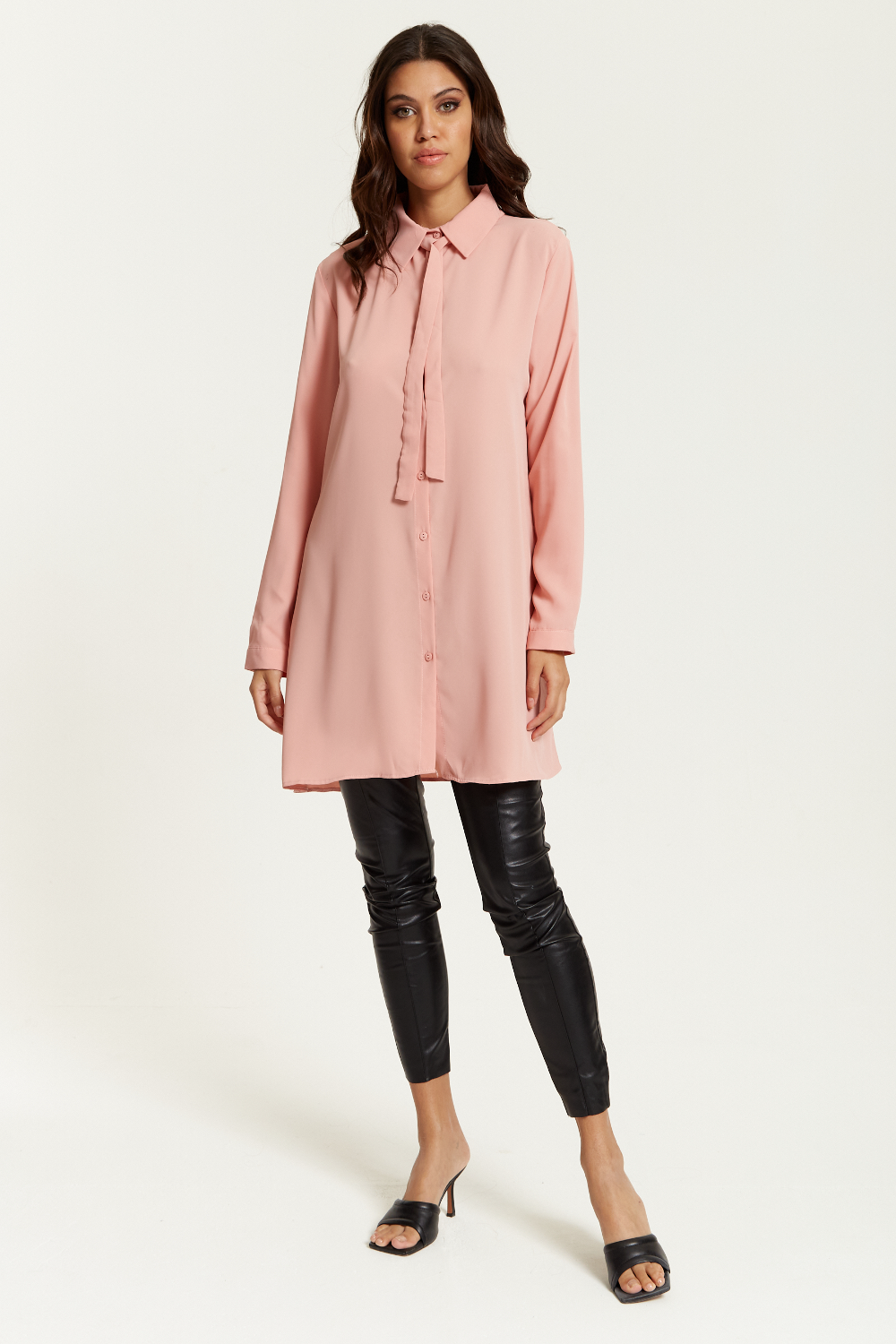 Oversized Tie Detailed Shirt Tunic with Long Sleeves in Pink