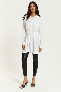 Oversized Belt Detailed Shirt Tunic with Long Sleeves in White