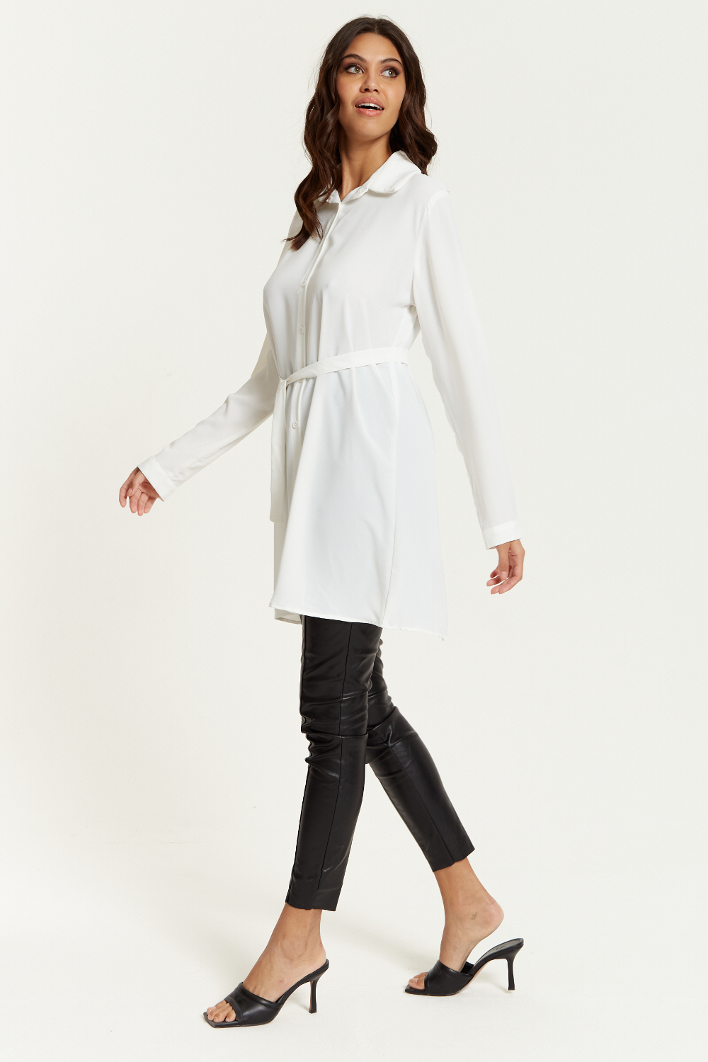 Oversized Belt Detailed Shirt Tunic with Long Sleeves in White
