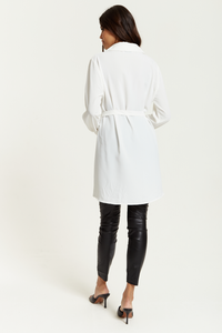 Oversized Belt Detailed Shirt Tunic with Long Sleeves in White