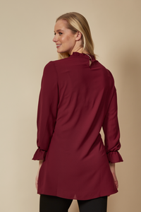 Oversized Tie Ruffle Neck Top with Tie Waist Detailed in Burgundy