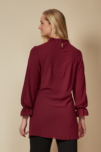 Oversized Tie Ruffle Neck Top with Tie Waist Detailed in Burgundy