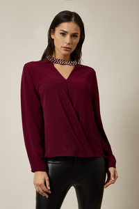 Long Sleeves Oversized Top with Pearl Detail Collar In Burgundy