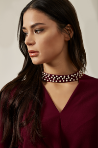 Long Sleeves Oversized Top with Pearl Detail Collar In Burgundy